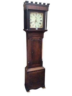 Lot 607 - 19th century 30 hour Longcase clock with painted square dial in oak case with castellated top  (no weights).