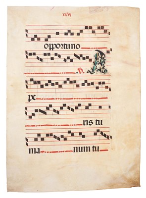 Lot 650 - Late Medieval double sided vellum plainsong parchment sheet, with illuminated capitals, 58 x 42cm