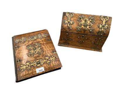 Lot 1214 - 19th century pollard oak stationery box and blotter, each brass mounted in the gothic taste with studded decoration