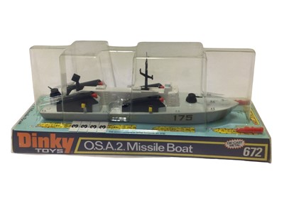 Lot 13 - Dinky Air Sea Rescue Launch No.678, MK1 Corvette No.671, Motor Patrol Boat No.675 (x2), O.S.A.2 Missile Boat & DUKW Amphibian, all in bubble and base (6)