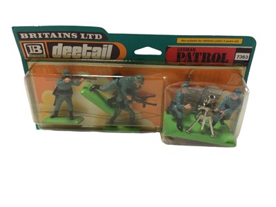 Lot 18 - Britains Motorcycles German Army Dispatch Rider (x3), Deetails models American Patrol No.7343 (x2), German Patrol No.7363, British & German Combat Weapons with display cards (x11),..