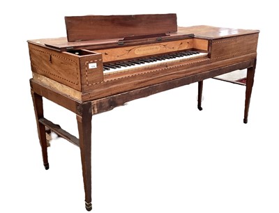 Lot 1234 - George III mahogany and inlaid square piano by Bates and Son, London, with five octave keyboard and nameplate dated 1793, on stand with square tapered legs, 160cm long