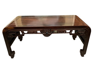 Lot 1236 - Antique Chinese hardwood low table, with scroll ends and pierced frieze carved with stylised bats, 89cm wide x 44cm deep x 40cm high