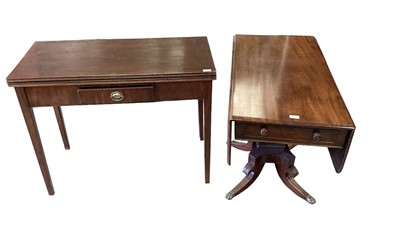 Lot 1237 - Regency mahogany Pembroke table with end drawer, pedestal base on four reeded splayed legs, together with a George III mahogany tea table with drawer on square taper legs (2)