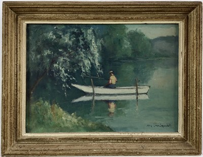 Lot 42 - Marcel Niquet (1889-1960) oil on board - Figure in a Fishing Boat, signed, inscribed verso, framed