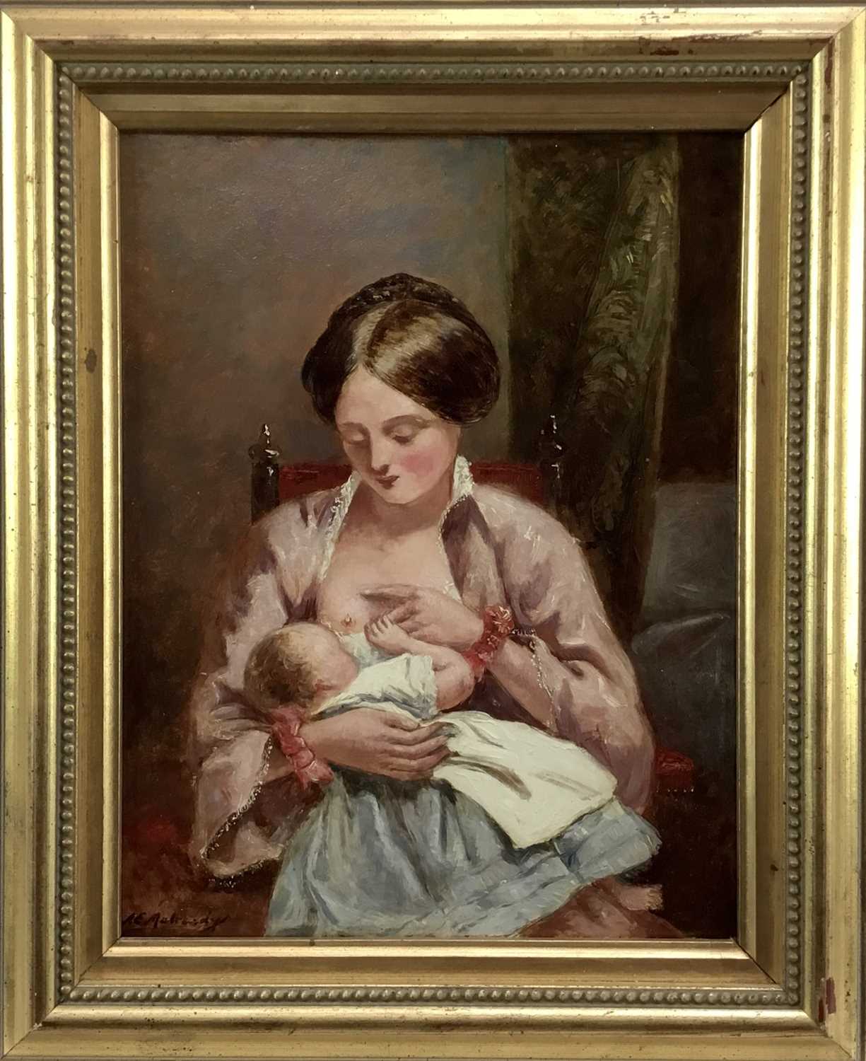 Lot 36 - Follower of Augustus Edwin Mulready (1844-c.1903) oil on board - Mother feeding a Baby, bearing signature, in gilt frame