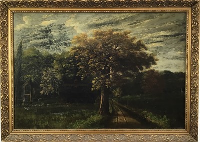 Lot 57 - Belgian School, oil on panel, an extensive wooded landscape with a figure on a path