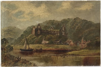 Lot 50 - English School (19th century), oil on canvas, An Abbey on the River Avon