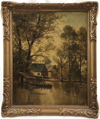 Lot 47 - Dutch School (early 20th century), wooded river landscape with figures in a boat, indistinctly signed