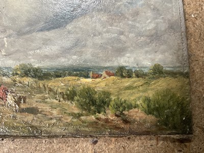 Lot 48 - East Anglian School (19th century), oil on board, Extensive cloudy landscape with a figure driving cattle