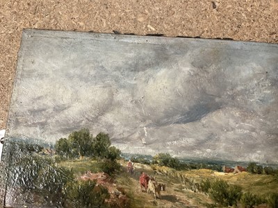 Lot 48 - East Anglian School (19th century), oil on board, Extensive cloudy landscape with a figure driving cattle