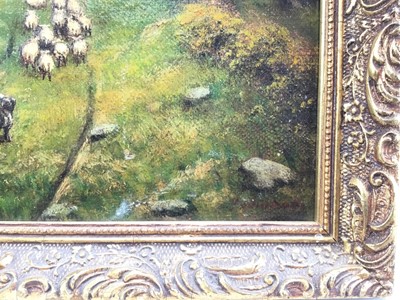 Lot 49 - After Constable, oil on canvas, Figure, sheep and dog and another painting, oil on canvas, of a woman and man by a tree, unframed