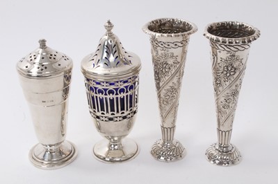 Lot 497 - Art Deco silver sugar caster, Edwardian silver sugar caster and a pair of Victorian spill vases