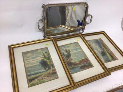 Lot 43 - Edwardian style silver plated tray with engraved crest, together with three framed watercolours by Abraham Hulk Junior