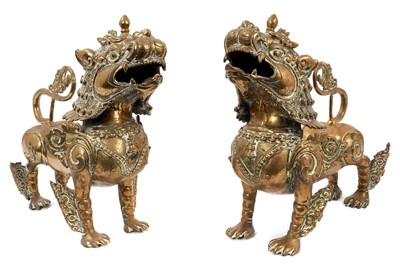 Lot 959 - Large pair of 19th century Chinese brass foo dog censers