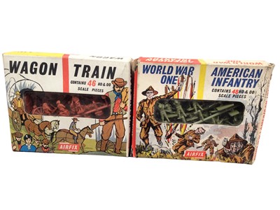 Lot 71 - Early Airfix OO scale model figures including Zoo Animals Set One (x2) S24, Infantry Combat Group S3, Romans S30, US Cavalry S22, American Infantry S29, Wagon Train S15, American Civil War Artiller...