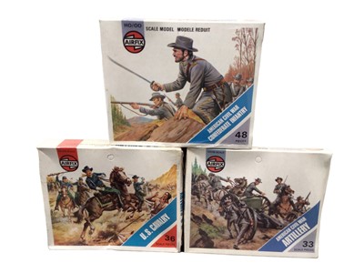 Lot 76 - Airfix HO OO scaleWild West Series American Cowboys (x2), American Indians (x3), US Cavalry, American Civil War Confederate Artillery & Infantry; all boxed mostly sealed (8 total)