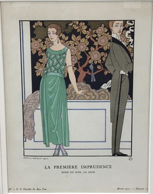 Lot 254 - Pair of George Barbier hand coloured costume prints from the Gazette du Bon Ton, Paris 1921, 'La Premiere Imprudence', 'Fumée', both 24cm x 17cm, mounted in glazed frames