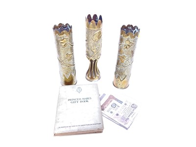 Lot 736 - Pair of First World War Brass Trench Art vases, together with another brass Trench Art vase, a small group of German bank notes and a copy of Princess Mary's Gift book.