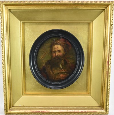 Lot 1324 - Continental School, 18th century, oval oil on panel - Portrait of a Bearded Man, 15cm x 13.5cm, in ebonised frame within a glazed gilt outer frame, 37cm x 35cm