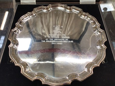 Lot 1022 - Silver pie crust salver with engraved presentation inscription, in fitted case