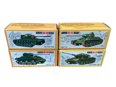 Lot 91 - Airfix HO OO scale Military Series Vehicles including Sherman Tank (x7),D.U.K.W. (x11) & Landing Craft (x3), Centurion Tank (x2), Patton Tank (x2), Soviet T34, Troop Carriers (x2), 155mm Self-Prope...