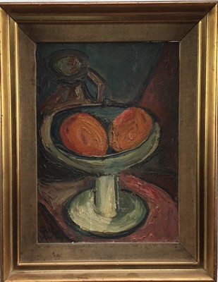 Lot 246 - Guta Vardy, 20th century, abstract still life oil on board, signed, 35 x 25cm, framed