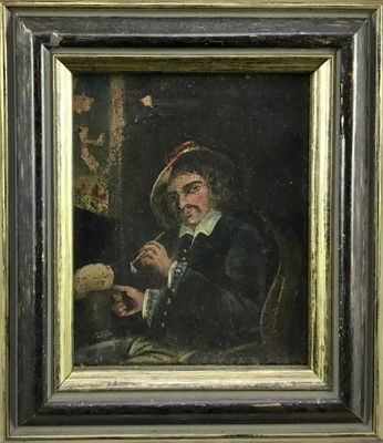 Lot 248 - 18th century Dutch oil on canvas, man smoking a pipe with a frothing tankard of beer, 10 x 8.5cm