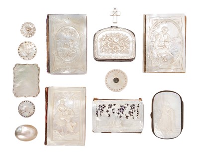 Lot 964 - Collection of six 19th century carved mother of pearl card cases and purses