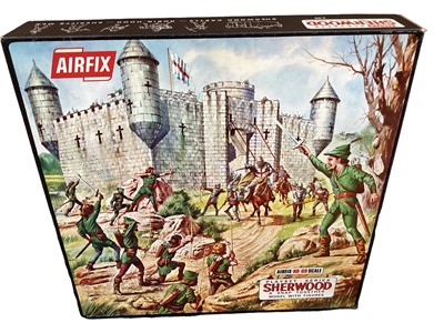 Lot 120 - Airfix HO OO scale Snap Together Sherwood Playset, boxed 1685 & Robin Hood & Sheriff of Nottingham Soldiers (blue box)(3)