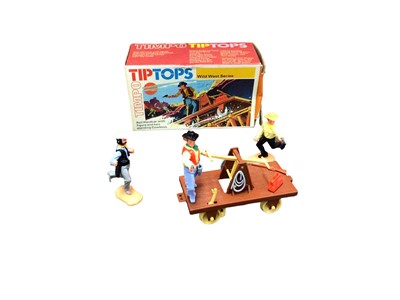 Lot 133 - Timpo Tip Tops Wild West Series Rail Handcar with figure and two standing cowboys No.44061 & Tip Tops Historic Series Ballista, with two standing Medieval Knights and one blunt ended missile No.440...