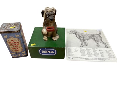 Lot 2401 - RSPCA collecting box, dog vets chart and vintage tin