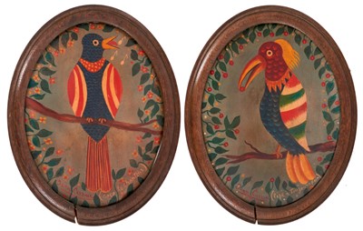 Lot 1040 - Jean Carrau (1920-1996) oil on tin, pair of love birds