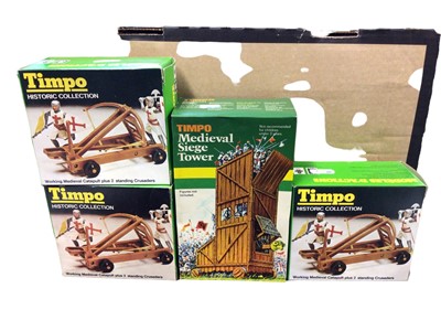 Lot 136 - Timpo Historic Collection Medieval Siege Tower No.1801 & Three Working Medieval Catapults plus 2 standing Crusaders No.753, all boxed (4)