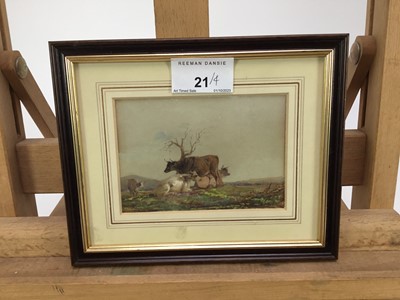Lot 21 - Four miniature works on paper, including Attributed to Thomas Sidney Cooper (1803-1902) watercolour, cattle and tree, 7.5 x 10.5cm, together with pen and ink in the manner of Rowlandson of three fi...