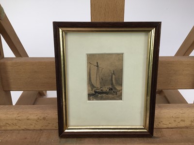 Lot 21 - Four miniature works on paper, including Attributed to Thomas Sidney Cooper (1803-1902) watercolour, cattle and tree, 7.5 x 10.5cm, together with pen and ink in the manner of Rowlandson of three fi...