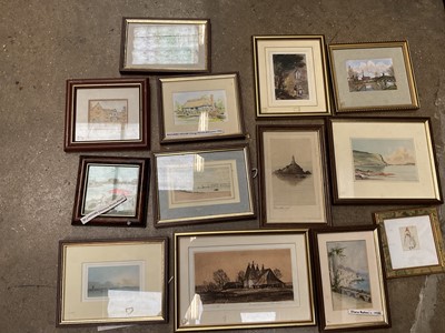 Lot 179 - Collection of miniature works on paper by a variety of artists, including signed etching by Rowland Hilder and others, all framed