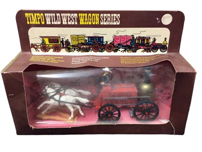 Lot 142 - Timpo Wild West Wagon Series Clay County Fire Service with two horses No.280 & Chuck Wagon with two horses No.273, both boxed (2)