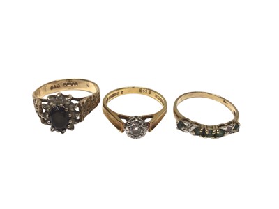 Lot 286 - Diamond single stone ring with a brilliant cut diamond in illusion setting on 18ct gold shank, Birmingham 1977, and two 9ct gold and gem-set dress rings (3)