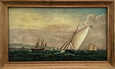 Lot 135 - English School 19th century, oil on canvas, seascape with gaff rigged sailing vessels racing off the coast, in pine frame, 25 x 45cm