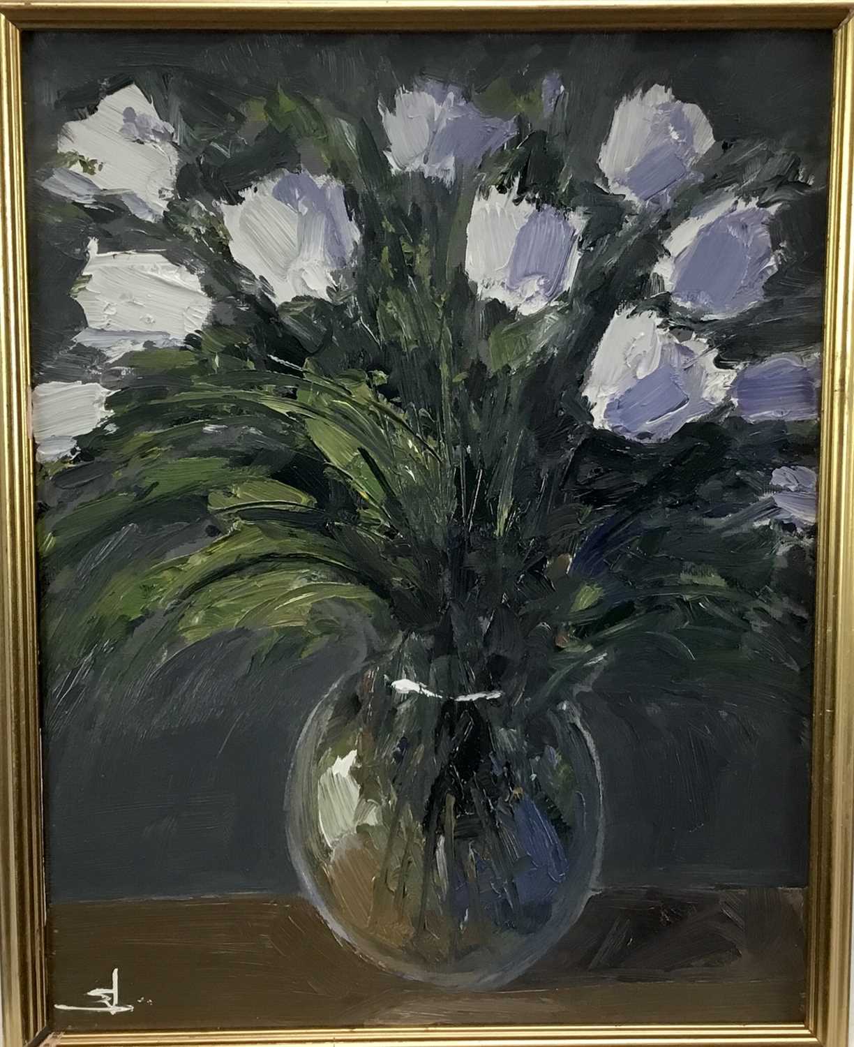 Lot 136 - Vivek Mandalia, oil on canvas, Tulips in a glass vase, monogrammed also 
inscribed verso, 36 x 28cm