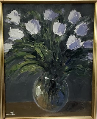 Lot 136 - Vivek Mandalia, oil on canvas, Tulips in a glass vase, monogrammed also 
inscribed verso, 36 x 28cm