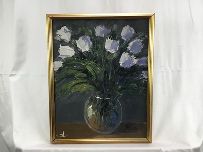Lot 136 - Vivek Mandalia, oil on canvas, Tulips in a glass vase, monogrammed also 
inscribed verso, 36 x 28cm