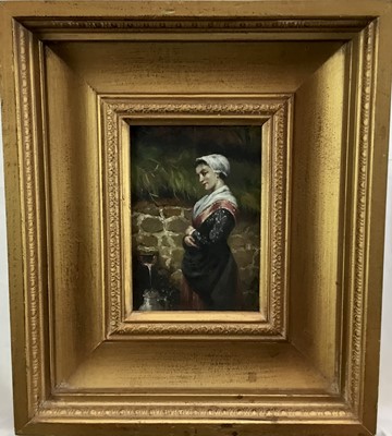 Lot 137 - Continental School mid 20th century, oils, A pretty maid fetching water from a well, in gilt frame, 17 x 11cm
