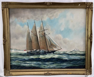 Lot 139 - English School 20th century, oil on canvas, The Schooner Sir Winston Churchill off Dover, the cross channel ferry "Ceasarea" beyond, in gilt frame, 
inscribed verso, 40 x 50cm