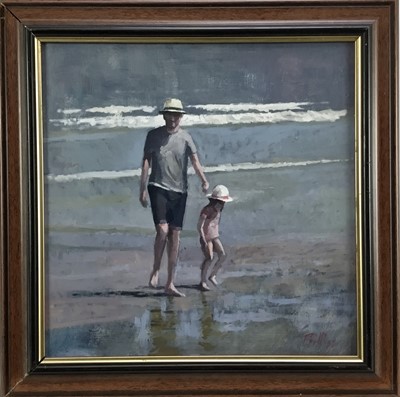 Lot 140 - Peter Z Phillips, oil on board, "Beach Walk", signed, also inscribed verso, 
in wooden frame, 29 x 29cm