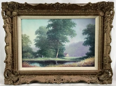 Lot 141 - Paul Morgan, oils on canvas, pair of rural river landscapes with figures 
both signed, in gilt frames, ach 19 x 29cm. (2)