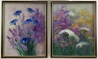 Lot 142 - Zhanna Pechugina, oils on board, pair of studies of wild flowers, both  
monogrammed also signed and dated 2021 verso, in black  
and gold frames, each 25 x 20cm