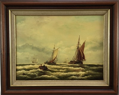 Lot 145 - Ken Hammond (b. 1948), oil on canvas, Dutch Botter and other shipping at sea,   
signed, in painted frame. 29 x 39cm