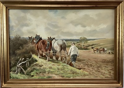 Lot 147 - Edward Wilson, oil on board, "Ploughing in Surrey", signed, also inscribed 
verso, in gilt frame, 36 x 53cm